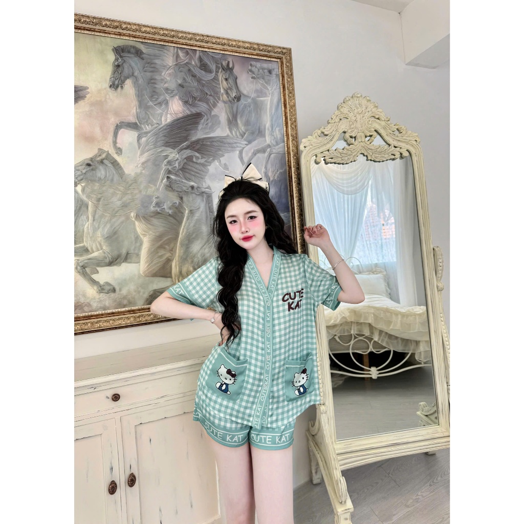 Đồ ngủ nữ Vy Linh chất liệu lụa latin cổ V thoáng mát thấm hút mồ hôi tốt, mềm mại S1103 caro