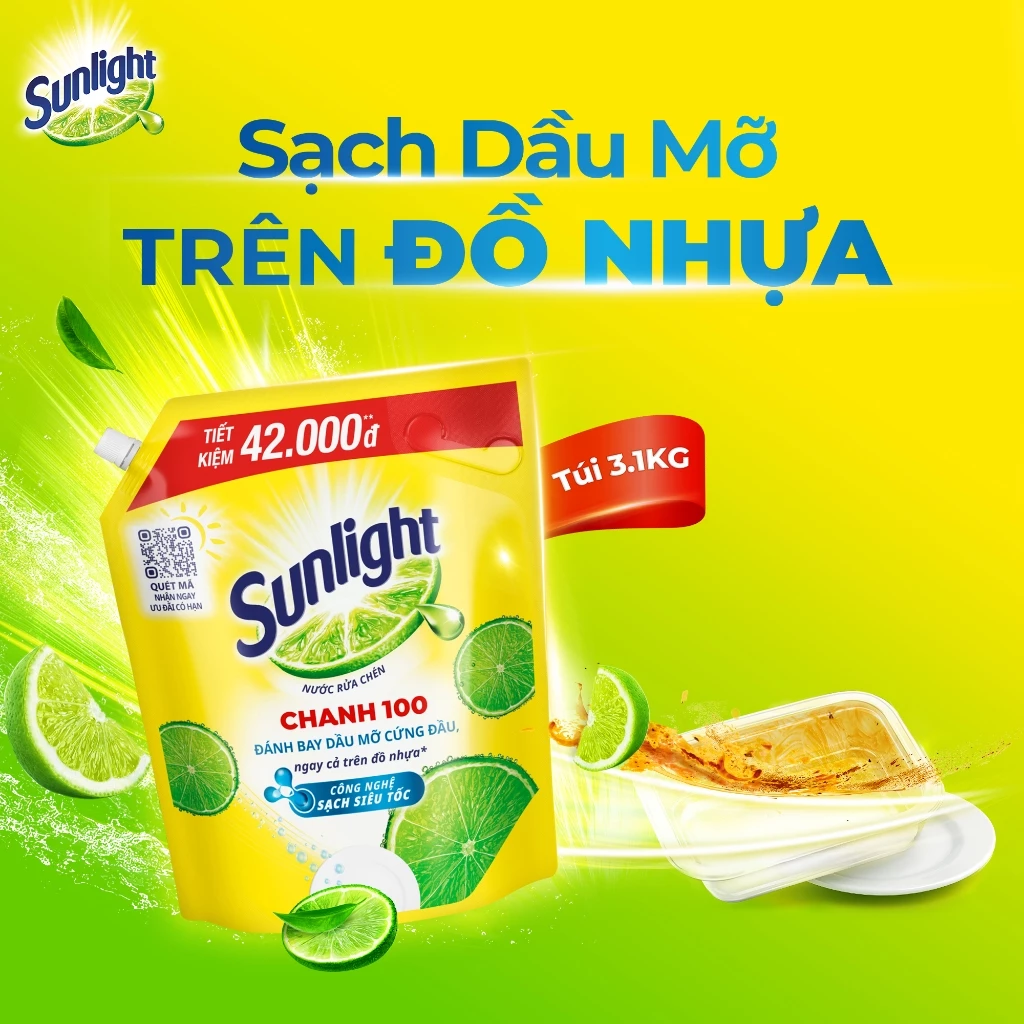 COMBO 2 Nước Rửa Chén Bát Sunlight Chanh 100 | Sạch Dầu Mỡ Đồ Nhựa | Túi 4x3.1Kg ảnh 4