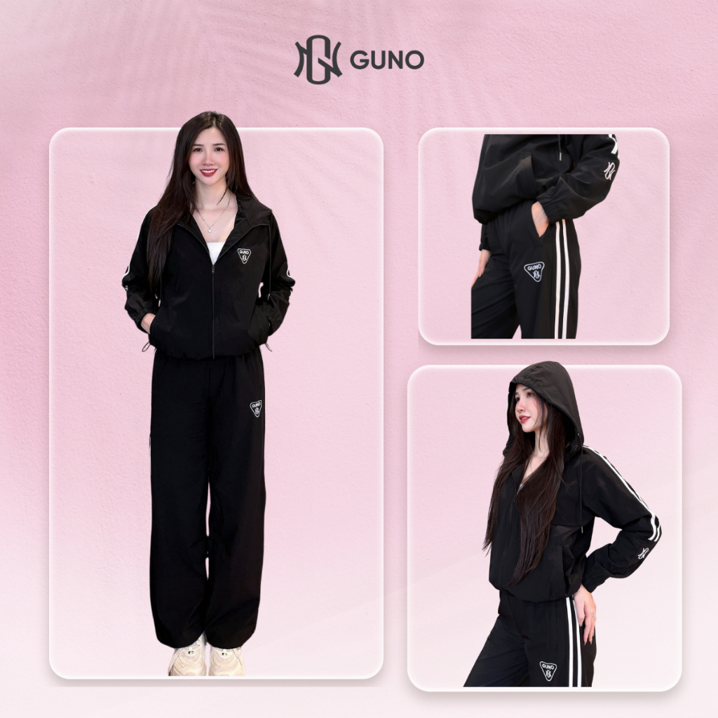 Bộ quần áo gió nữ GUNO 2 lớp lót HABUTAI có mũ logo tam giác sọc bản to ...