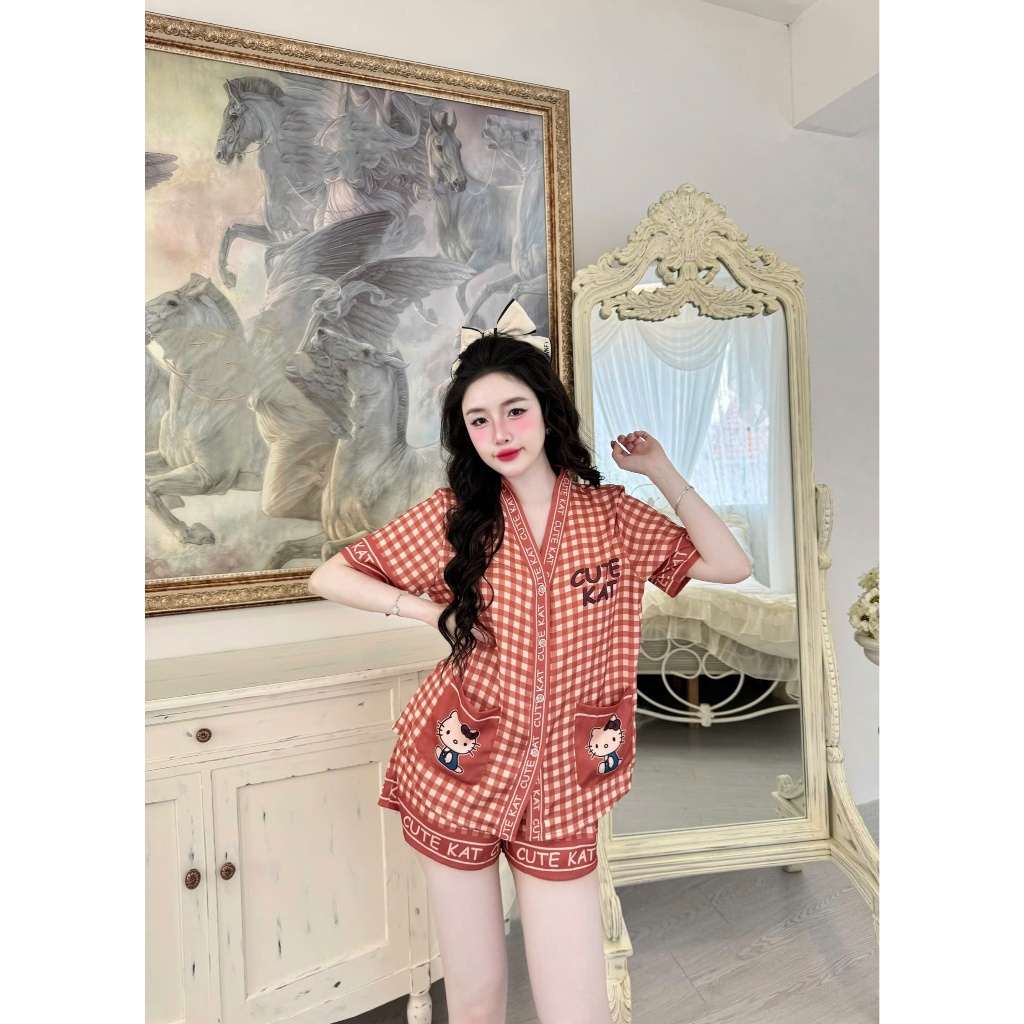 Đồ ngủ nữ Vy Linh chất liệu lụa latin cổ V thoáng mát thấm hút mồ hôi tốt, mềm mại S1103 caro