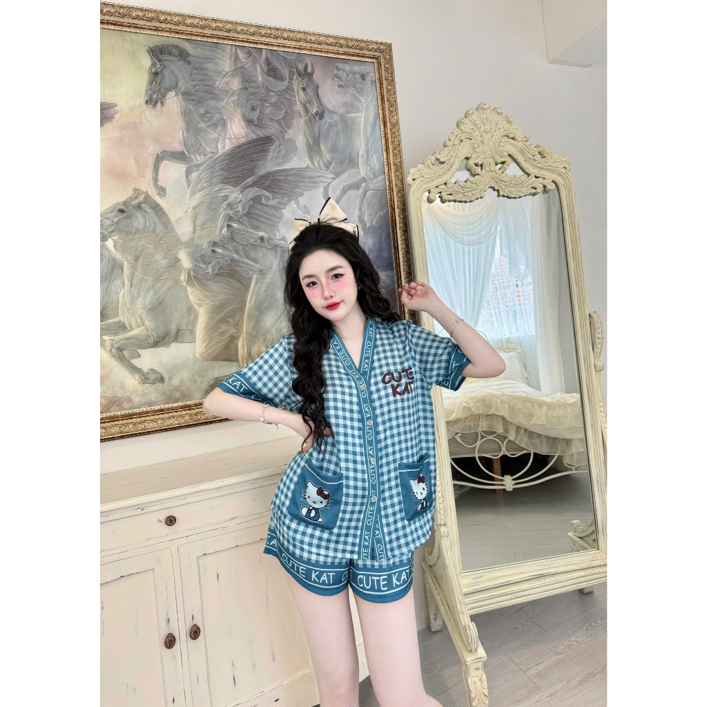 Đồ ngủ nữ Vy Linh chất liệu lụa latin cổ V thoáng mát thấm hút mồ hôi tốt, mềm mại S1103 caro