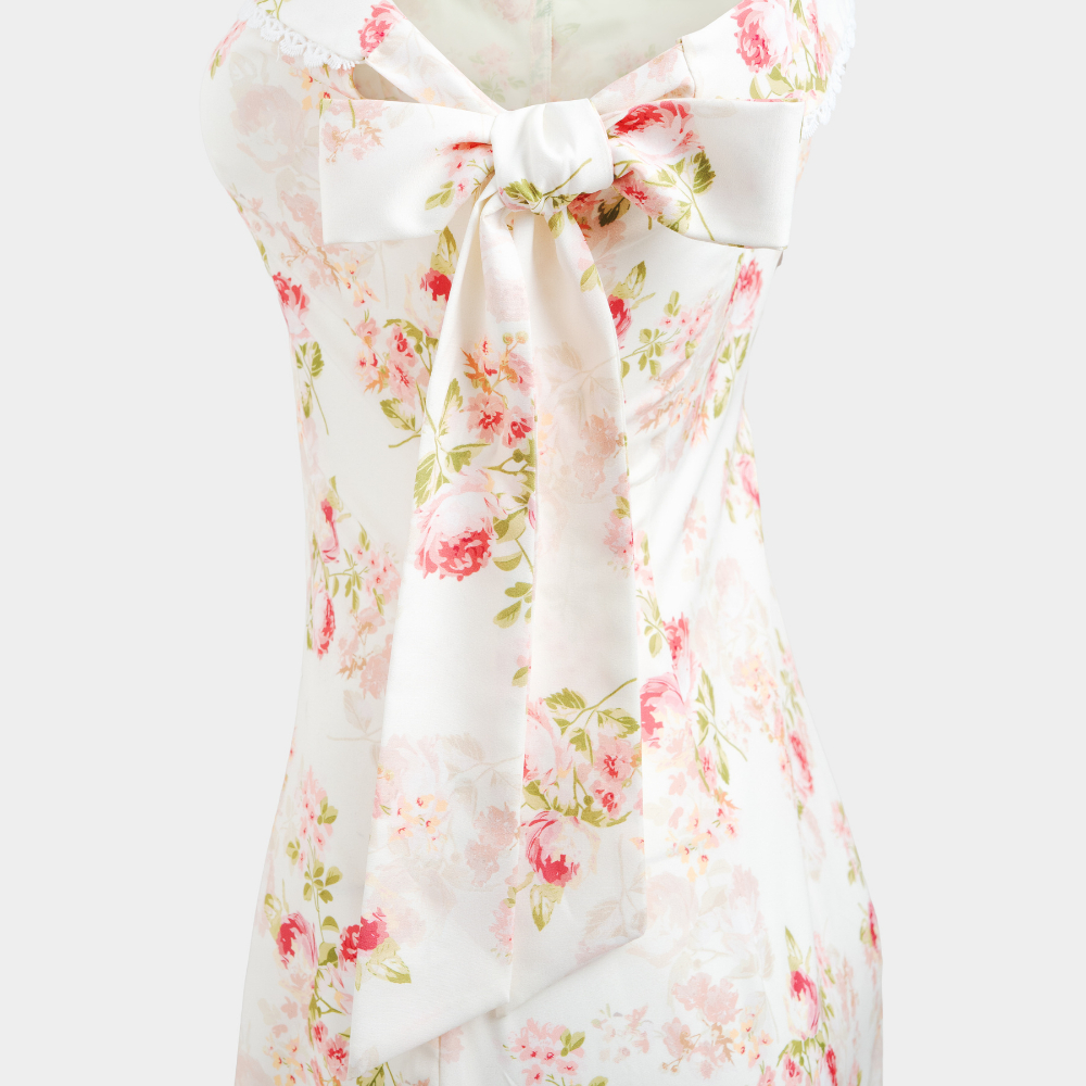 Đầm hoa xòe lệch vai phối viền ren cột nơ tay tặng kèm Scrunchie chất vải lụa mịn mát