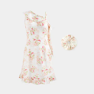 Đầm hoa xòe lệch vai phối viền ren cột nơ tay tặng kèm Scrunchie chất vải lụa mịn mát
