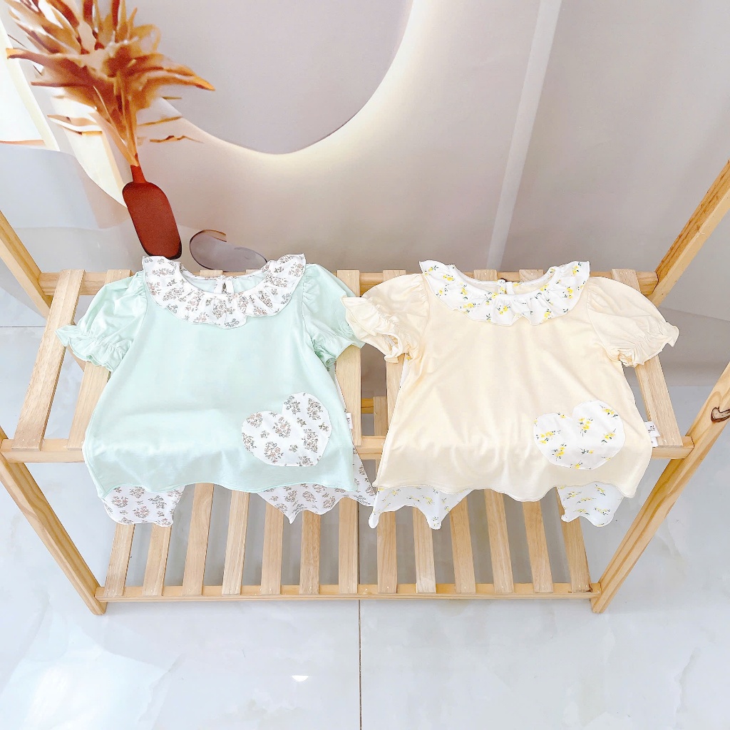 Bộ tay ngắn quần dài cho bé gái 95% sợi sồi Modal Ice Cool Lá Homewear A332, đồ ngủ cộc tay hoa nhí dễ thương