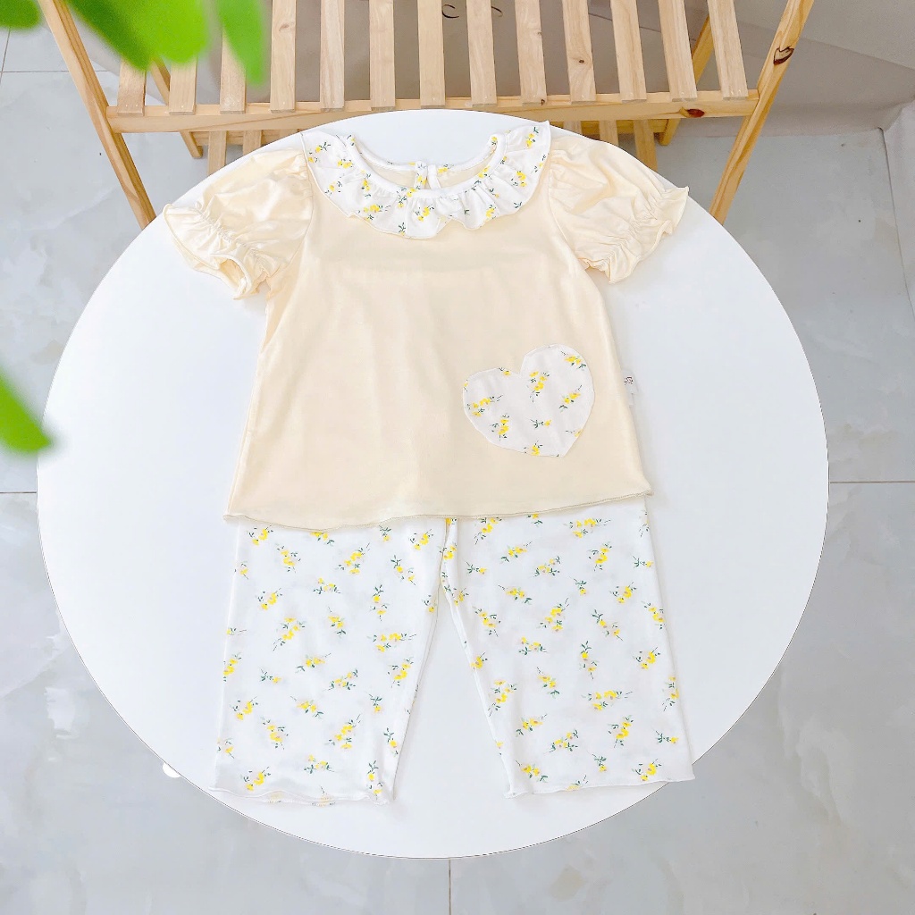 Bộ tay ngắn quần dài cho bé gái 95% sợi sồi Modal Ice Cool Lá Homewear A332, đồ ngủ cộc tay hoa nhí dễ thương