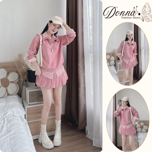 Đồ bộ nữ, set đồ nữ dài tay nữ tiểu thư áo cổ bẻ caro mix chân váy bồng xếp ly xinh xắn HCOM26662