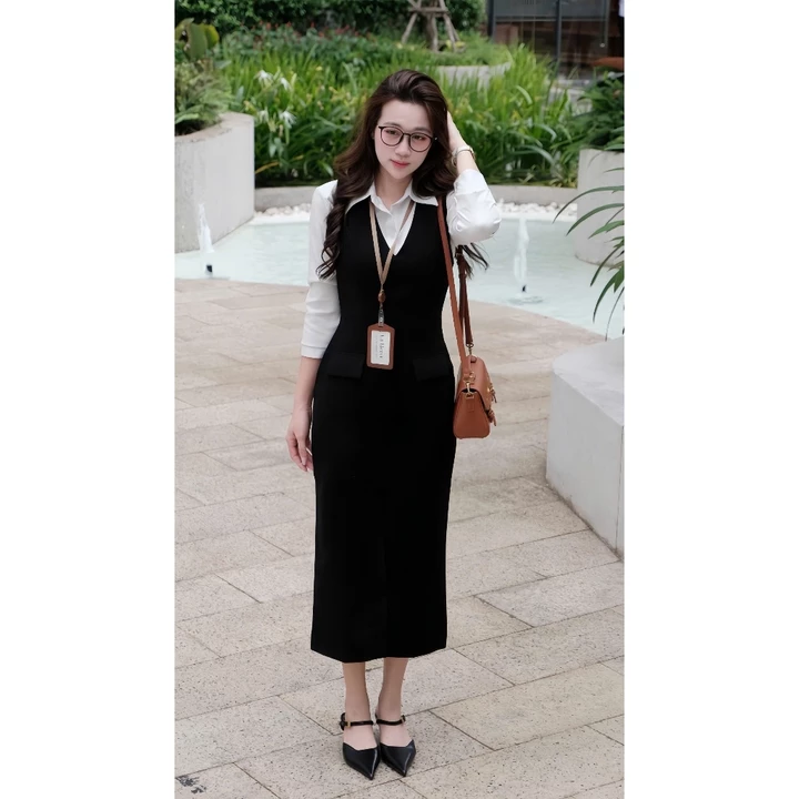DV03 - Đầm công sở La Merci đầm yếm thiết kế ôm nhẹ tôn dáng thoải mái Đầm đen Chất Liệu Dày Dặn