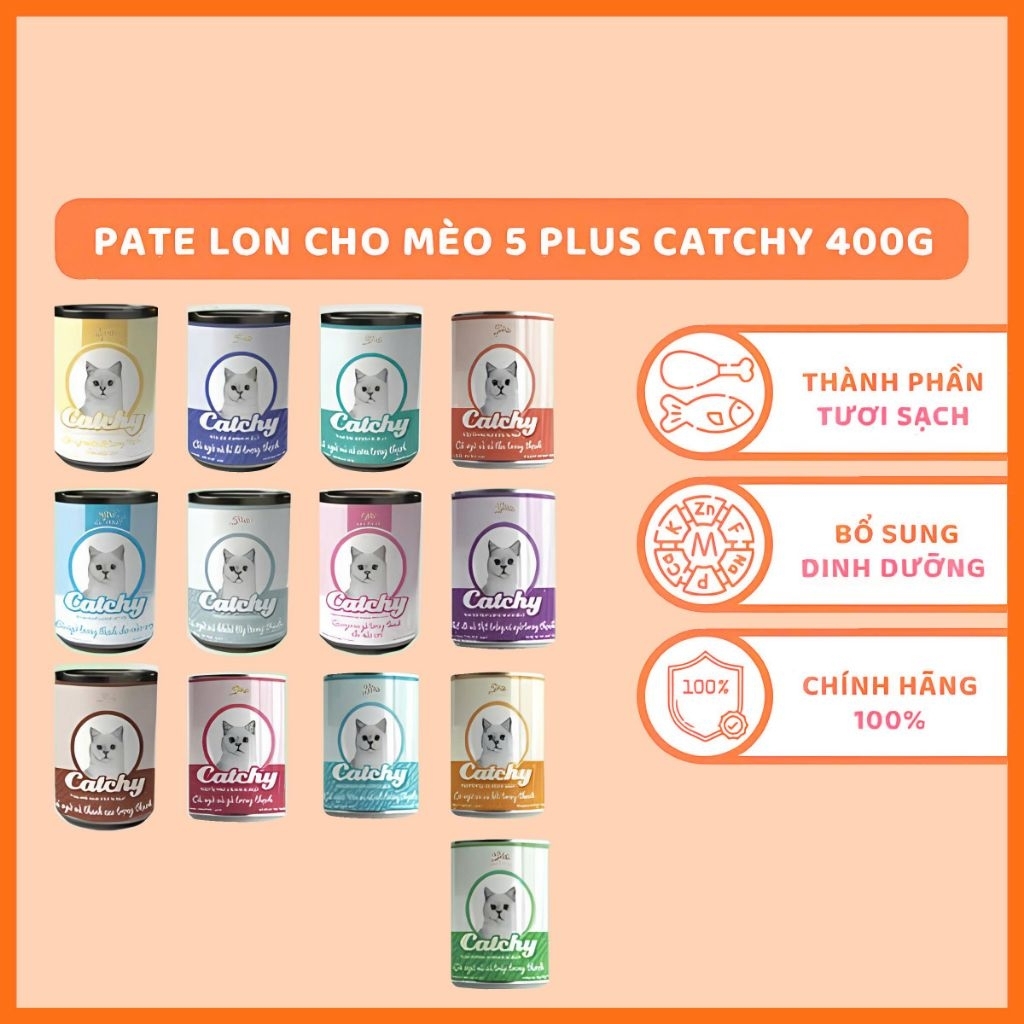 [COMBO 2 LON - 10 LON] Pate Cho Mèo 5 Plus Catchy 10 Vị Thơm Ngon Lon 400g