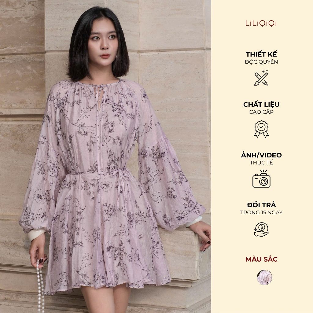 Váy Nữ Sang Chảnh Dáng Ngắn Tơ Họa Tiết Tùng Xòe Tay Bồng Thiết Kế ...