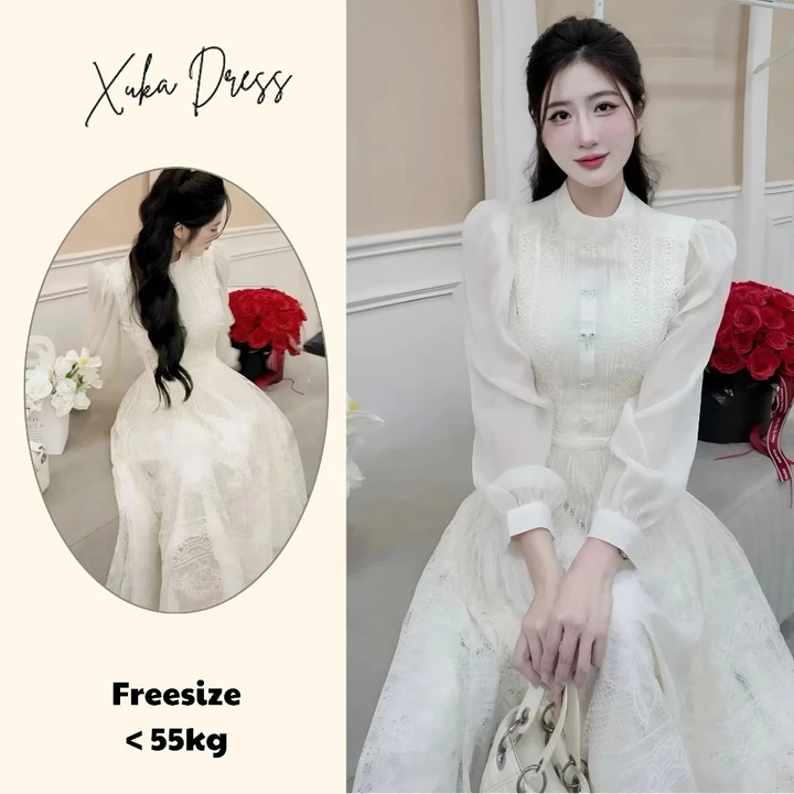 Váy Maxi Ren Màu Kem Xukadress – Đi Tiệc/Chụp Ảnh – Form xoè Đẹp – Sang Trọng, Váy Dự Tiệc, Váy du lịch Dài Thướt Tha
