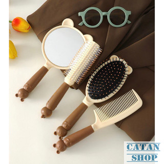 Set Lược Gấu 4 Món Xinh Xắn Gồm Gương Soi, Lược Bầu, Lược Tròn, Lược Răng Thưa Tiện Dụng