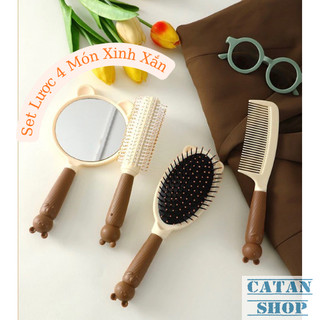 Set Lược Gấu 4 Món Xinh Xắn Gồm Gương Soi, Lược Bầu, Lược Tròn, Lược Răng Thưa Tiện Dụng