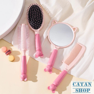Set Lược Gấu 4 Món Xinh Xắn Gồm Gương Soi, Lược Bầu, Lược Tròn, Lược Răng Thưa Tiện Dụng