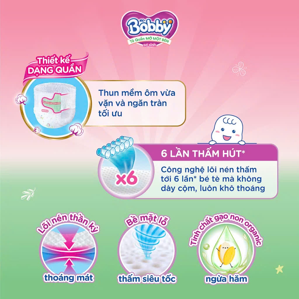 Tã Quần Mở Một Bên/Tã dán Bobby Chính Hãng cho bé Sơ sinh NB70+6/S80/M76 Mềm Mại, Dễ Mặc, Chống Tràn