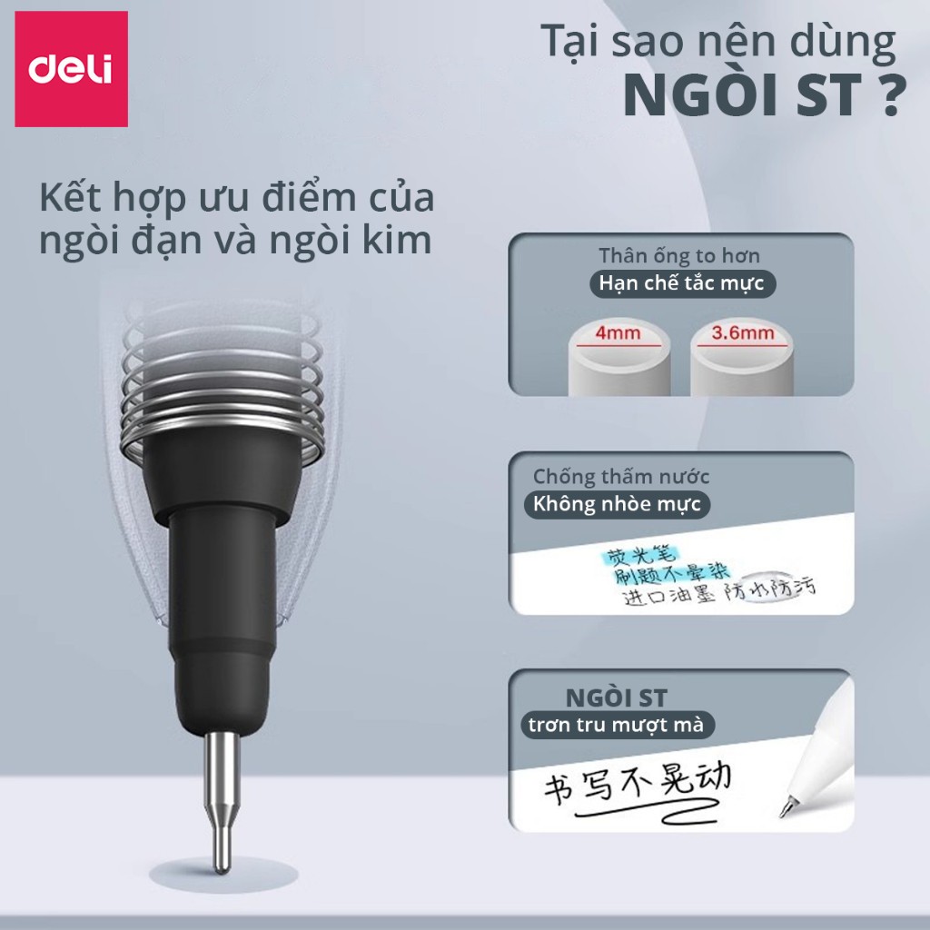 Combo 10 Ruột Bút Gel Deli SE154 0.5mm 2 Bút Bi Bấm S08/A575/S101 Mực Đen Thay Thế Ngòi ST Viết Mượt