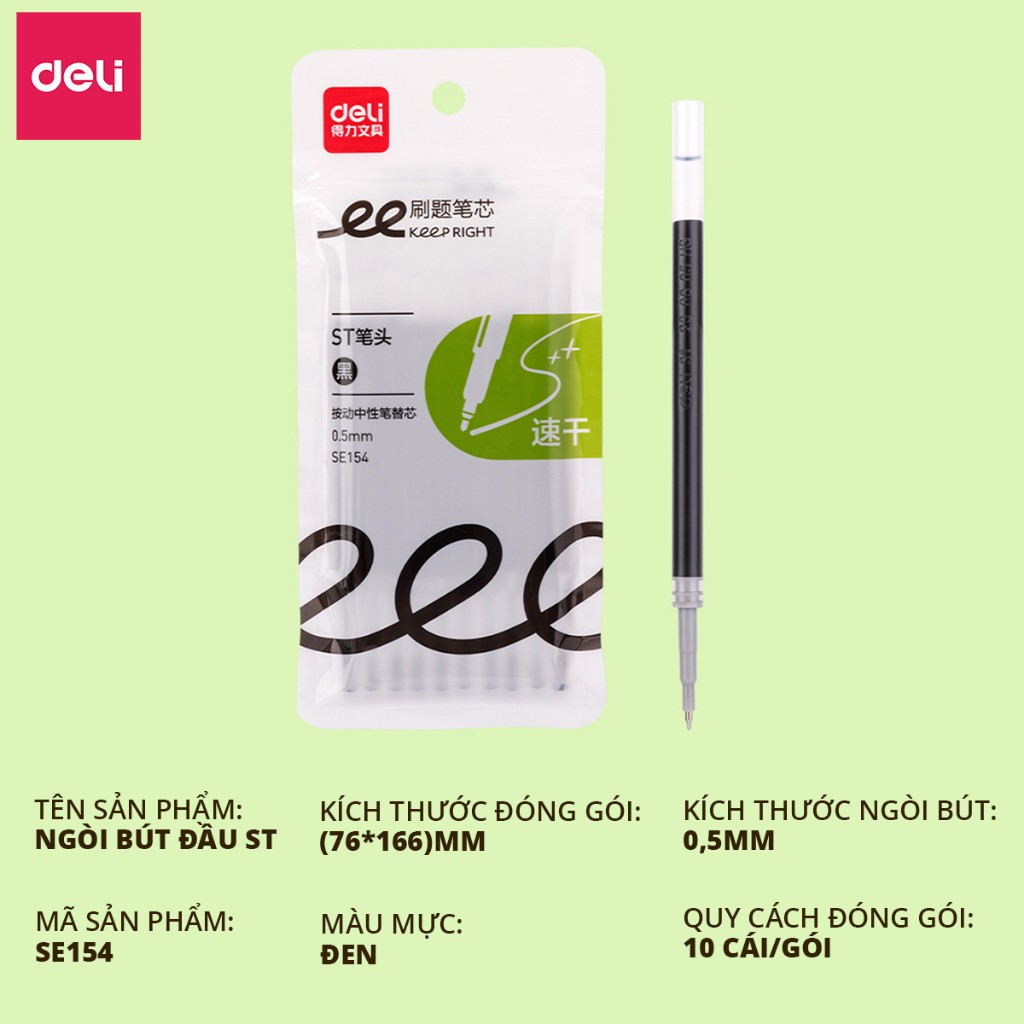 Combo 10 Ruột Bút Gel Deli SE154 0.5mm 2 Bút Bi Bấm S08/A575/S101 Mực Đen Thay Thế Ngòi ST Viết Mượt