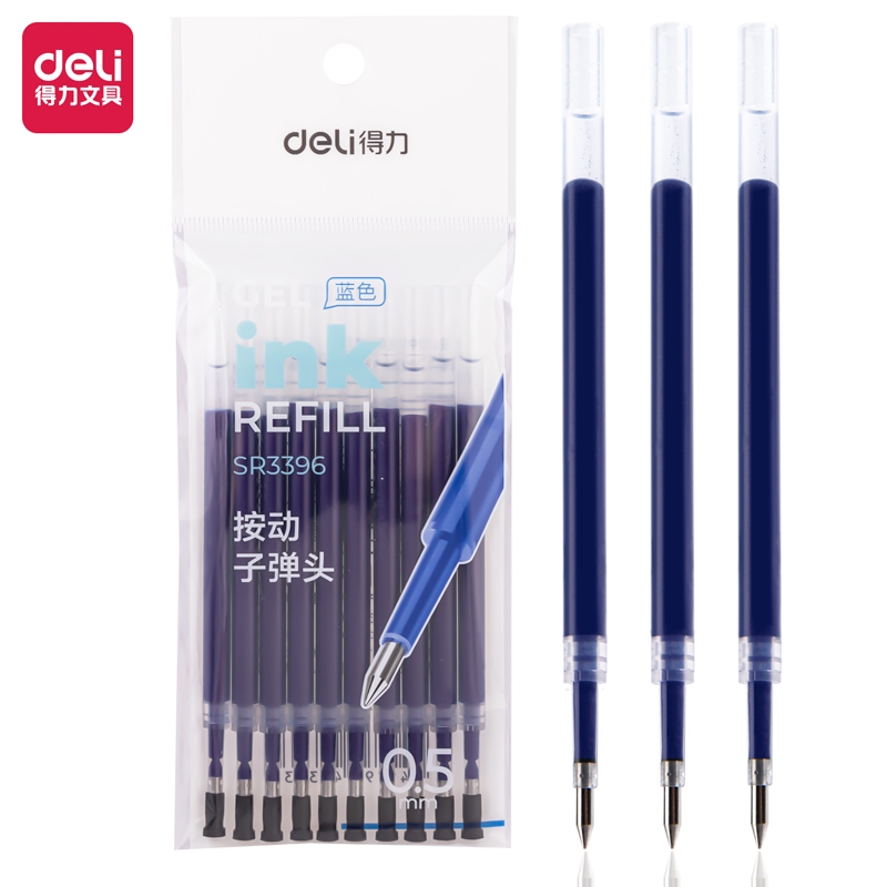 Combo 10 Ruột Bút Gel Deli SE154 0.5mm 2 Bút Bi Bấm S08/A575/S101 Mực Đen Thay Thế Ngòi ST Viết Mượt