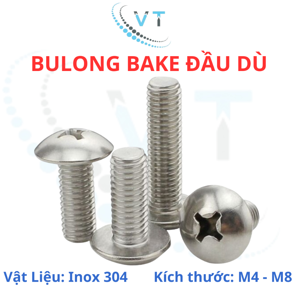 Ốc Vít inox đầu dù pake Inox 304 M3 M4 M5 M6 M8, Bulong inox đầu dù bake inox 304.