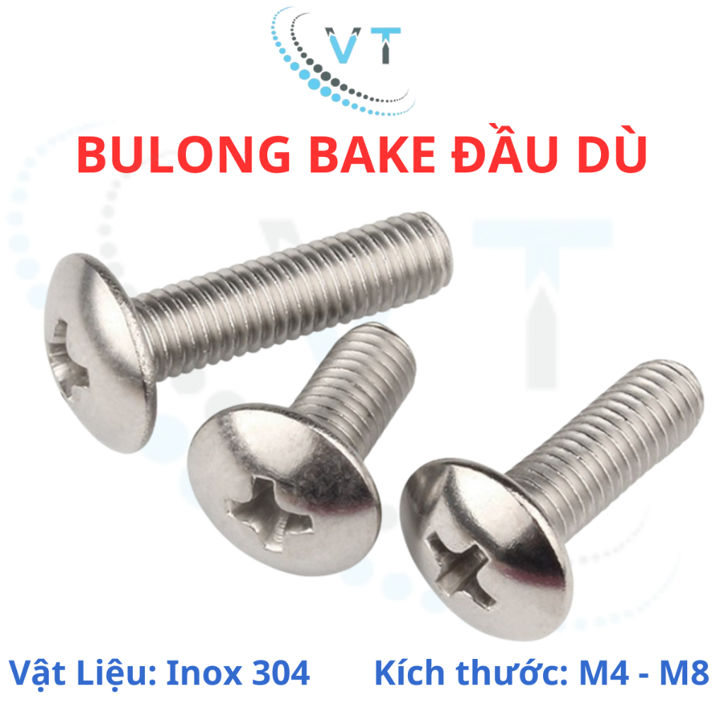 Ốc Vít inox đầu dù pake Inox 304 M3 M4 M5 M6 M8, Bulong inox đầu dù bake inox 304.