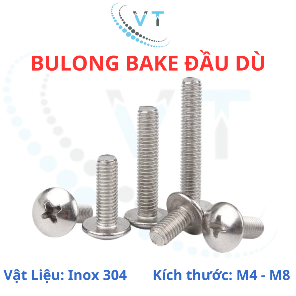 Ốc Vít inox đầu dù pake Inox 304 M3 M4 M5 M6 M8, Bulong inox đầu dù bake inox 304.