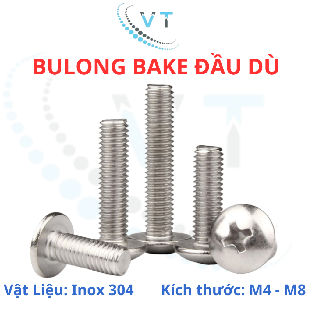 Ốc Vít inox đầu dù pake Inox 304 M3 M4 M5 M6 M8, Bulong inox đầu dù bake inox 304.