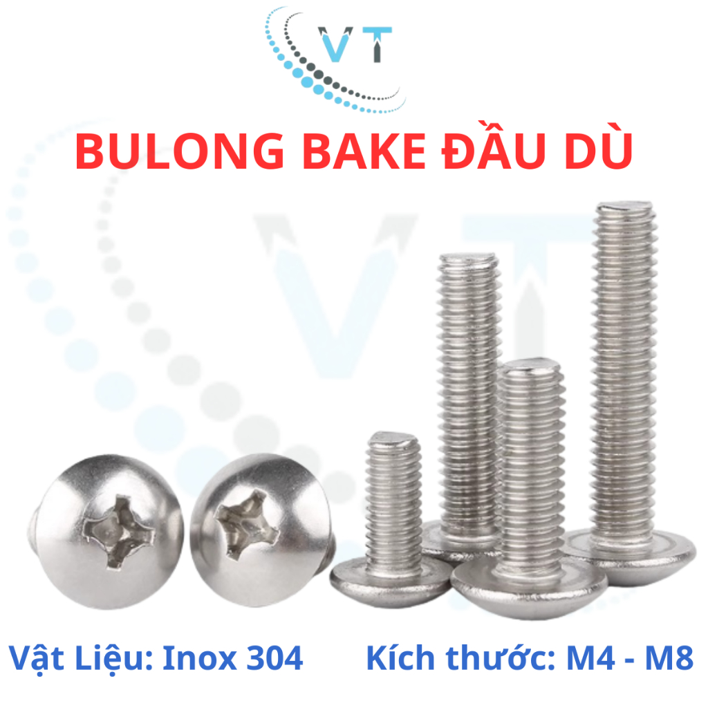 Ốc Vít inox đầu dù pake Inox 304 M3 M4 M5 M6 M8, Bulong inox đầu dù bake inox 304.