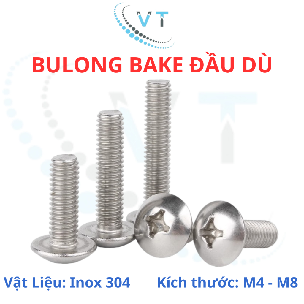 Ốc Vít inox đầu dù pake Inox 304 M3 M4 M5 M6 M8, Bulong inox đầu dù bake inox 304.