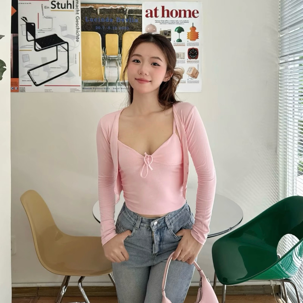 [Có sẵn đi hàng luôn] (Có size lớn)(Dáng Dài) Set 2 món áo khoác ngoài kèm áo hai dây may đúp dáng ôm babytee tôn dáng