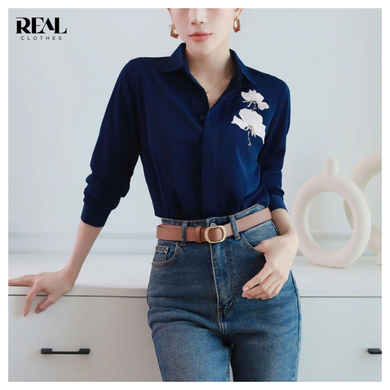 Sơ mi lụa đính hoa thêu, dáng suông REAL CLOTHES (tổng hợp màu), mềm mát, ít nhăn