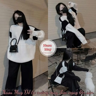 Áo Sweater Form Rộng Phối Vai Đen Trắng Phong Cách Thu Đông