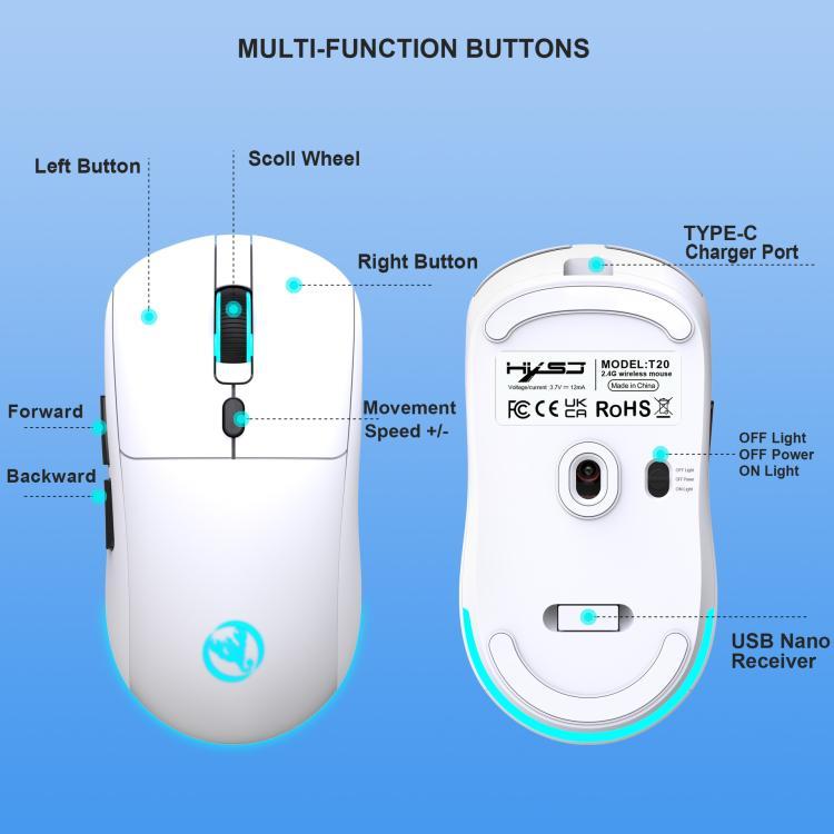 Chuột Gaming Không Dây HXSJ T20 2.4GHz có thể sạc lại (Màu Trắng) 2.4GHz 6 nút điều chỉnh độ phân giải, IC quang PAW3212