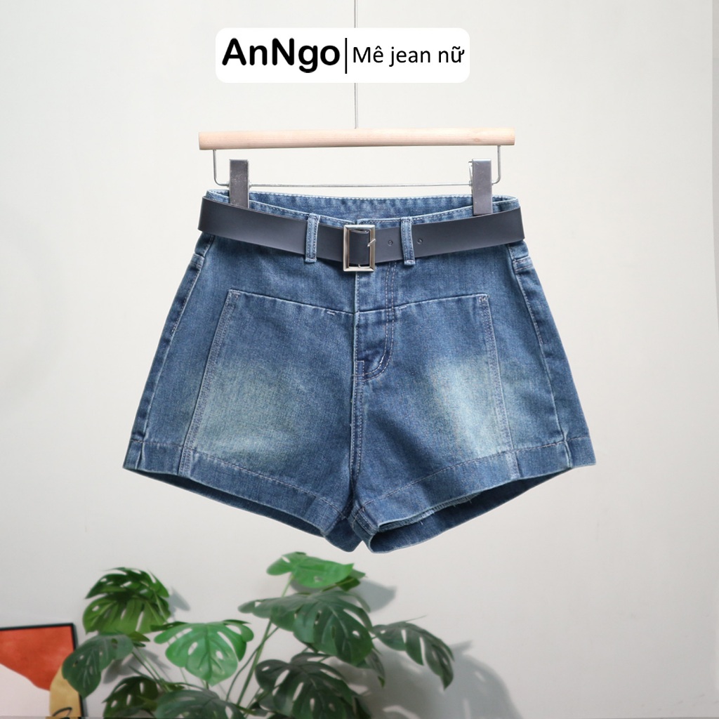 (Tặng thắt lưng) Quần short jean nữ lưng cao ống rộng cá tính, chất jean không giãn Anngo  - AT551
