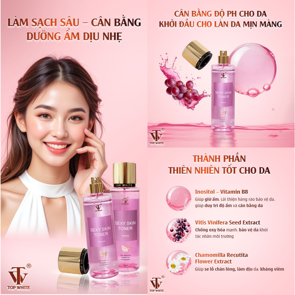 Nước hoa hồng Sexy Skin Toner Premium Top White- Giúp giữ ẩm và cân bằng độ pH cho da