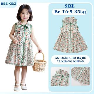 Váy Cho Bé Gái, Váy Sát Nách Cho Bé Gái Phong Cách Tiểu Thư Cổ Bẻ Phối Hoa Hồng Dễ Thương
