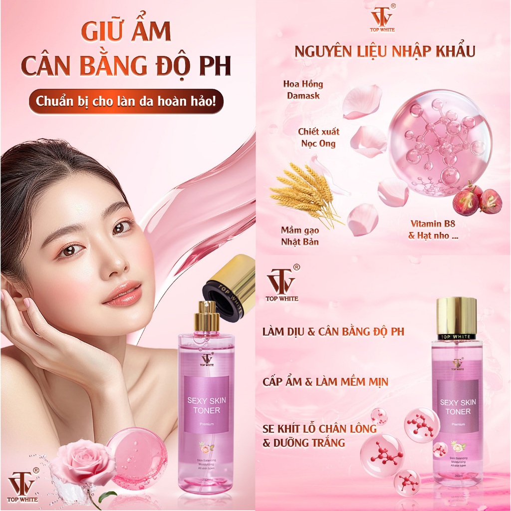 Nước hoa hồng Sexy Skin Toner Premium Top White- Giúp giữ ẩm và cân bằng độ pH cho da