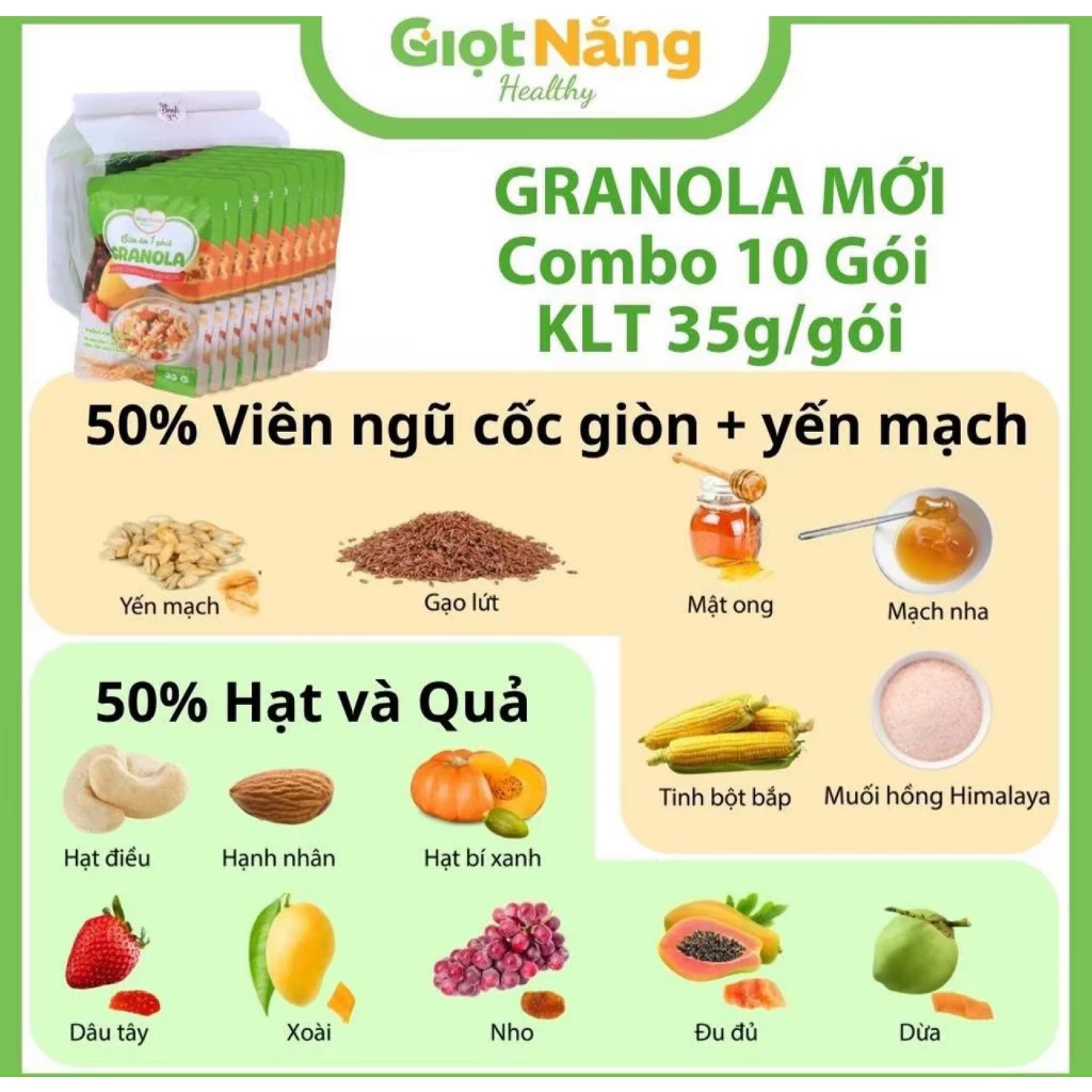 Granola Giọt Nắng Ngũ Cốc Ngon Giòn Với Trái Cây Sấy Gạo Lức Yến Mạch Và Các Vị Hạt Mới GRAN