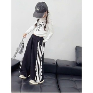 [B&G] Sét bộ cá tính áo thun trắng dài tay kèm quần dài kẻ sọc cho bé gái từ 10-45kg(2-12 tuổi)