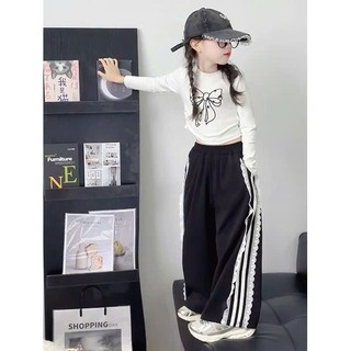 [B&G] Sét bộ cá tính áo thun trắng dài tay kèm quần dài kẻ sọc cho bé gái từ 10-45kg(2-12 tuổi)