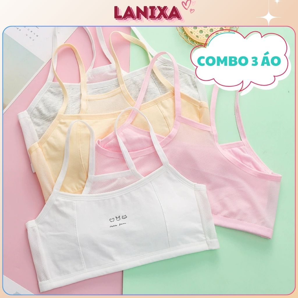 SET 3 Áo lá học sinh cotton phối lưới thoáng khí - COMBO 3 Áo lót bé gái basic xinh xắn LANIXA A108