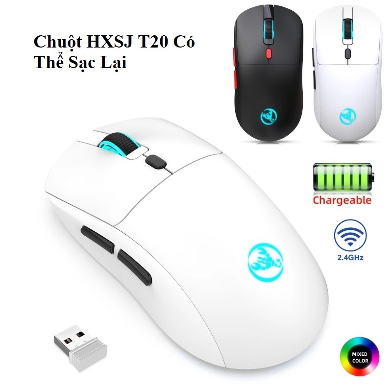 Chuột không dây HXSJ T20 2.4GHz có thể sạc lại (Màu Trắng) 2.4GHz 6 nút điều chỉnh độ phân giải, IC quang PAW3212