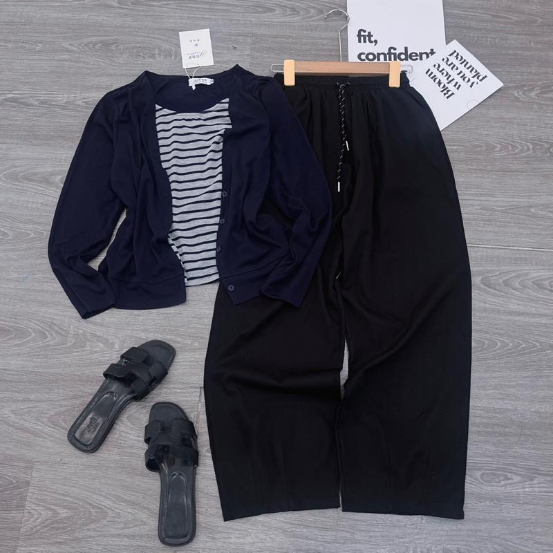 2026. Bộ [Áo CỔ V MAY LIỀN PHỐI KẺ- Quần Baggy] Sét áo tăm hàn phối liền kẻ+ quần baggy thô kaki.