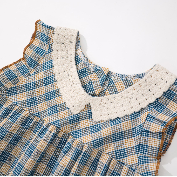 Váy Cho Bé Gái, Sát Nách Họa Tiết Kẻ Caro Phối Cổ Ren Chất Liệu 100% Cotton An Toàn Với Da Bé