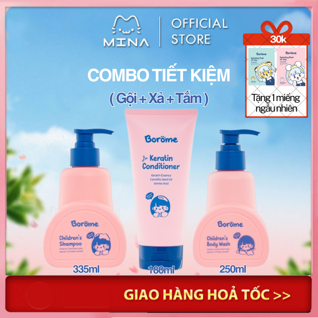 Combo dầu gội + dầu xả + sữa tắm trẻ em Borome công thức dịu nhẹ, an toàn cho bé dung tích 335ml