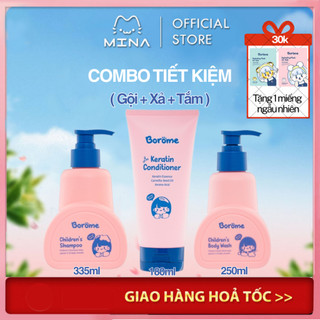 Combo dầu gội + dầu xả + sữa tắm trẻ em Borome công thức dịu nhẹ, an toàn cho bé dung tích 335ml