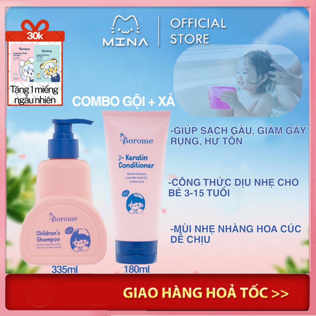 Combo Dầu gội, dầu xả  Borome cho bé tuổi thành phần lành tính, chăm sóc tóc và da của bé