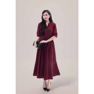 SWANLAKE | Váy Đầm Nữ Maxi Suông Cổ Trụ Cài Nút Cotton Phối Ren Dây Thắt Eo Tay Lỡ Công Sở D12821