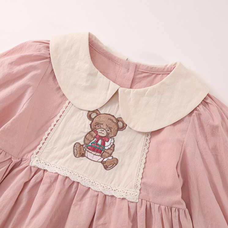 Váy Cho Bé Gái, Váy Babydoll Tay Dài Phối Cổ Sen Ống Tay Nhún In Họa Tiết Chất Vải Mềm Mại