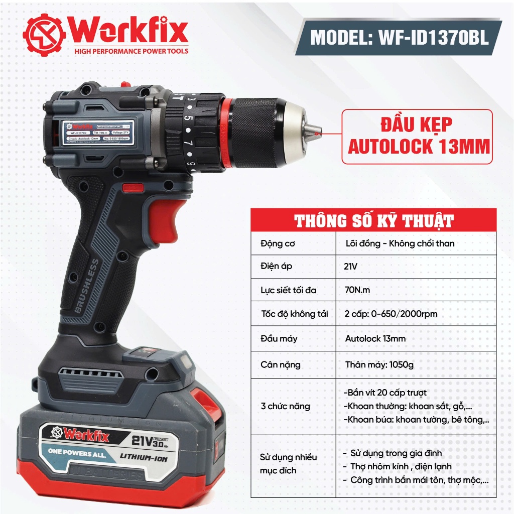 Máy Khoan Workfix WF-ID1370BL 13mm, pin 10 cell Không Chổi Than, 3 Chức Năng 25 Cấp Độ Trượt