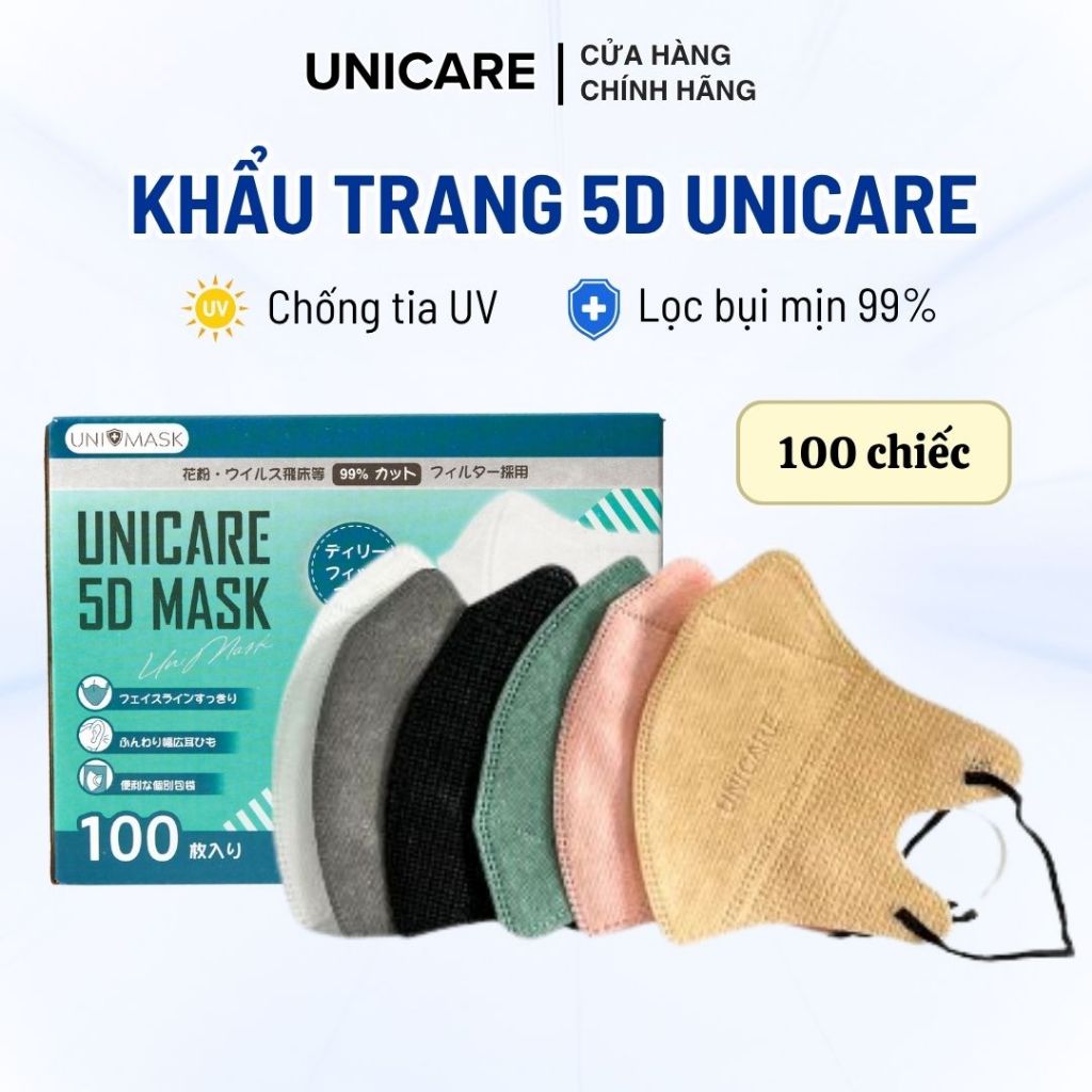 Khẩu Trang Unicare 5D, Khẩu Trang 3 Lớp Kháng Khuẩn Chống Bụi Với Thiết Kế Ôm Mặt - Combo 100 Chiếc Hàng Chính Hãng