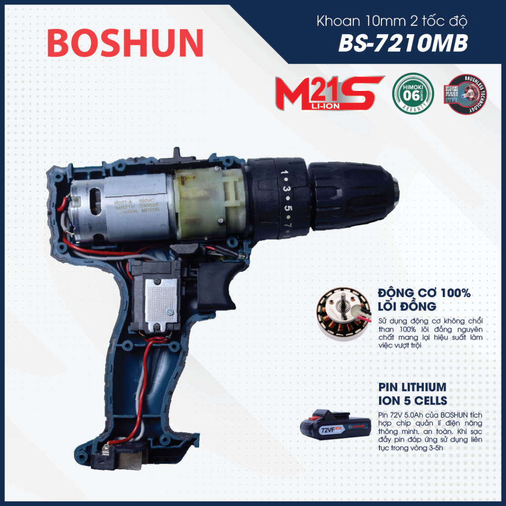 Máy khoan pin 10Ly Boshun 72VF BS-7210MB, 55Nm, 10mm, 3 chức năng khoan,búa,vít, có đèn trợ sáng, động cơ 100% lõi đồng